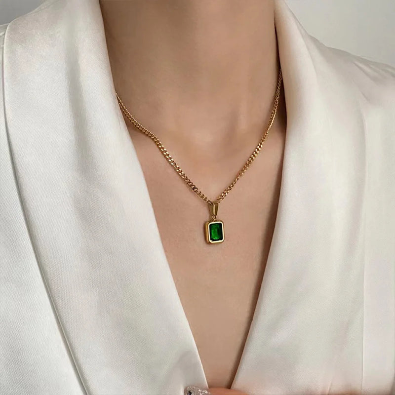 Square Green Zircon Pendant Necklace