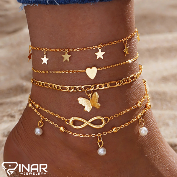 Gold Vintage Butterfly Anklet Set